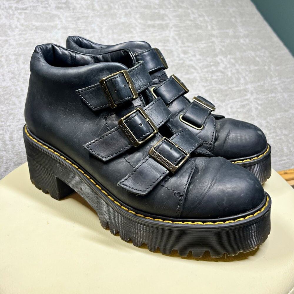 Dr. Martens Coppola Black Leather Buckle Biker Boots Lugged Sole Platform 9